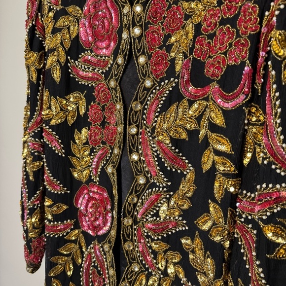 Vtg 80s Beaded Silk Evening Jacket Size Medium Floral - Picture 4 of 10